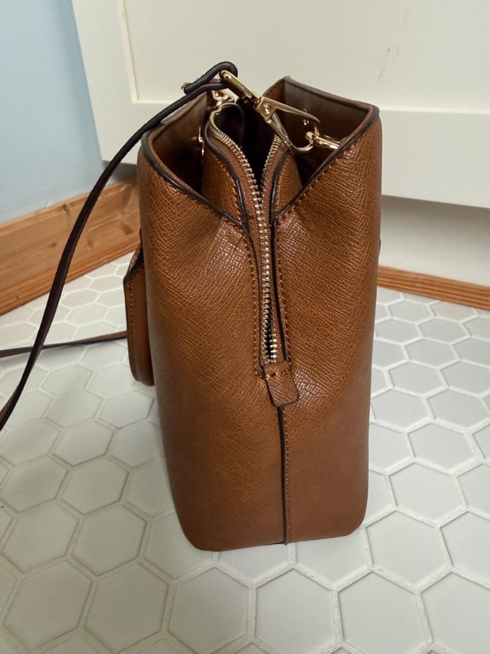 ALDO Cognac Brown Structured Satchel Tote Crossbody Bag Gold Hardware Work Bag - Picture 7 of 8